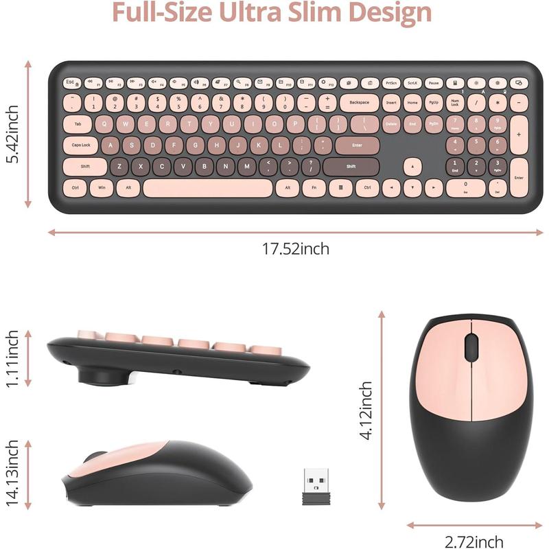 Cute Colorful Keyboard and   Silent, Full-Size Retro Typewriter  Quiet Black and Pink Keyboard Low-Noise 2.4GHz for Computer, Desktop, Laptop(6-Heimei)