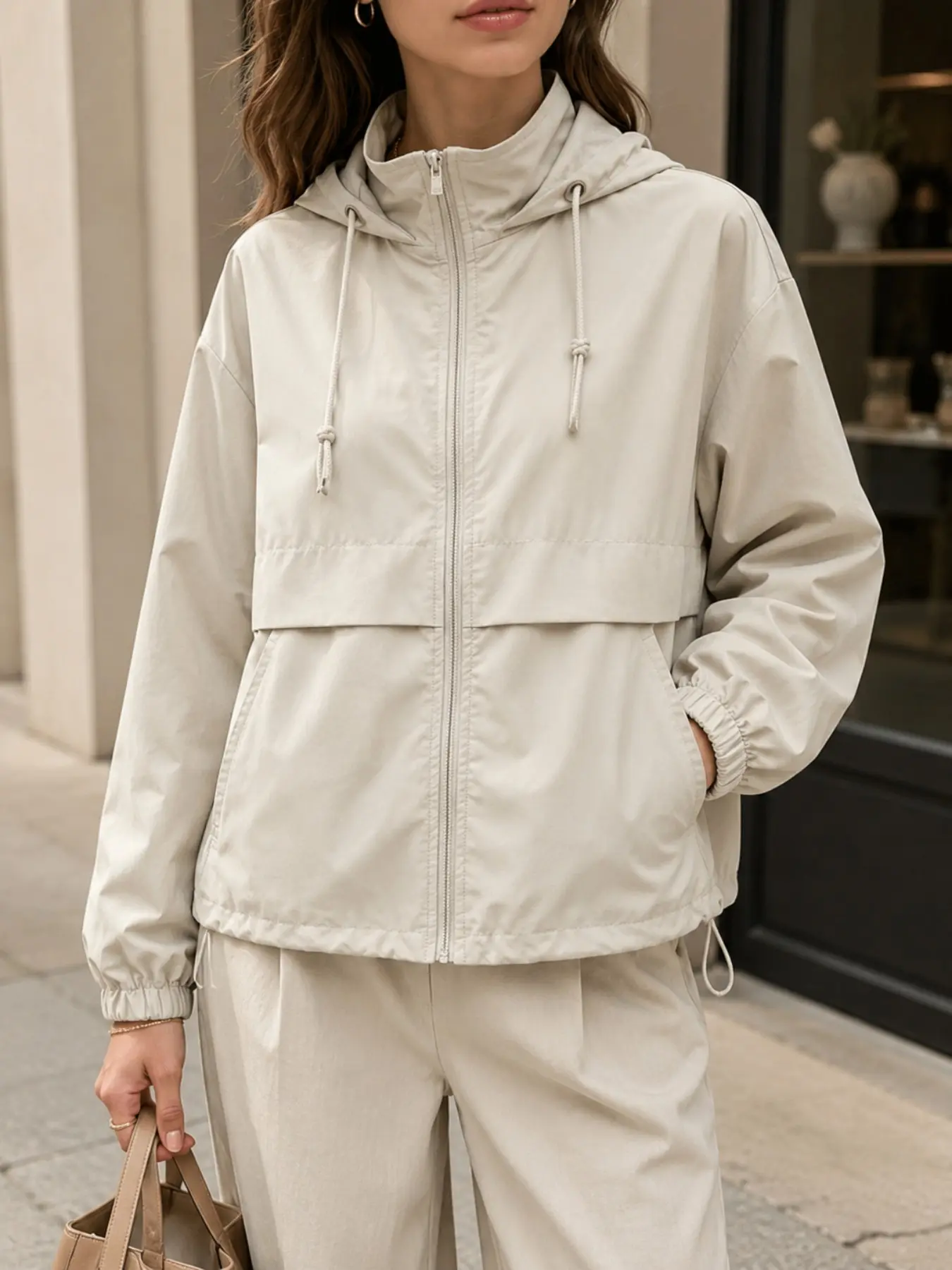 Light Hooded Zipper Jacket, Loose Fit, Adjustable Hem, Windproof Lightweight, Hidden Pocket, Casual Outerwear for Spring & Fall