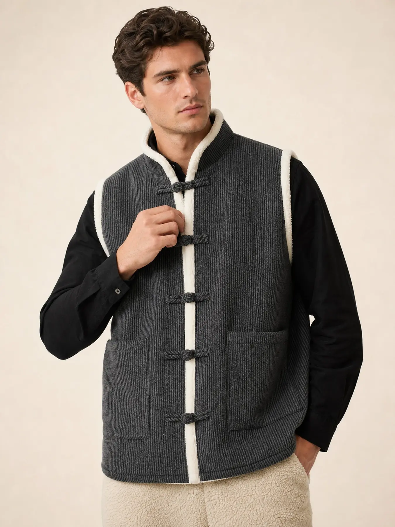 1PC Men's Fall/Winter Fashion Loose Woolen Fur-lined V-neck Large Size Thickened Chinese Style Warm Jacket, suitable for daily use and outdoor activities