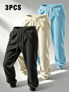 3pcs Men's Sporty Leisure Jogger Sweatpants Set, All Seasons Classic Minimalist Solid Color Trousers With Elastic Waist, Drawstring, Banded Bottoms, For Outdoor Activities, Running, Daily Wear, Men's Spring & Autumn Pants, No Fleece