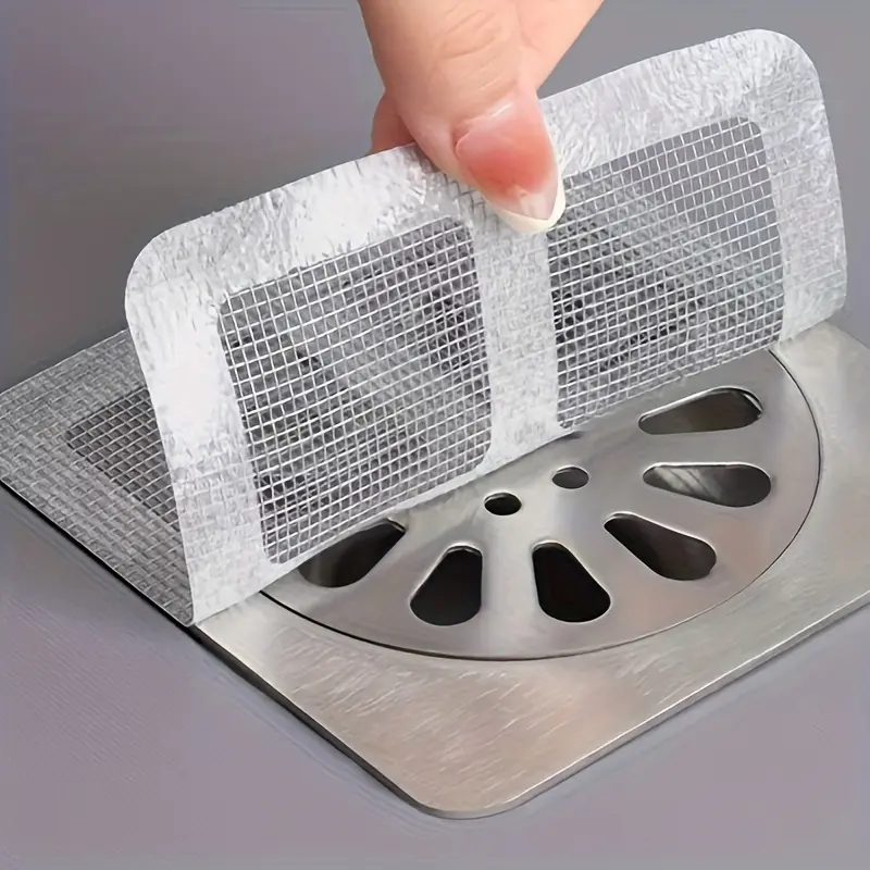 White Bathroom Stainless Fine-Mesh Drain Filter Stickers (10-Pack) - Self-Adhesive Hair Stopper Mesh Bag Drain Cover Strainer, Plastic Bathroom Accessories for Shower Bathtub Clog Prevention