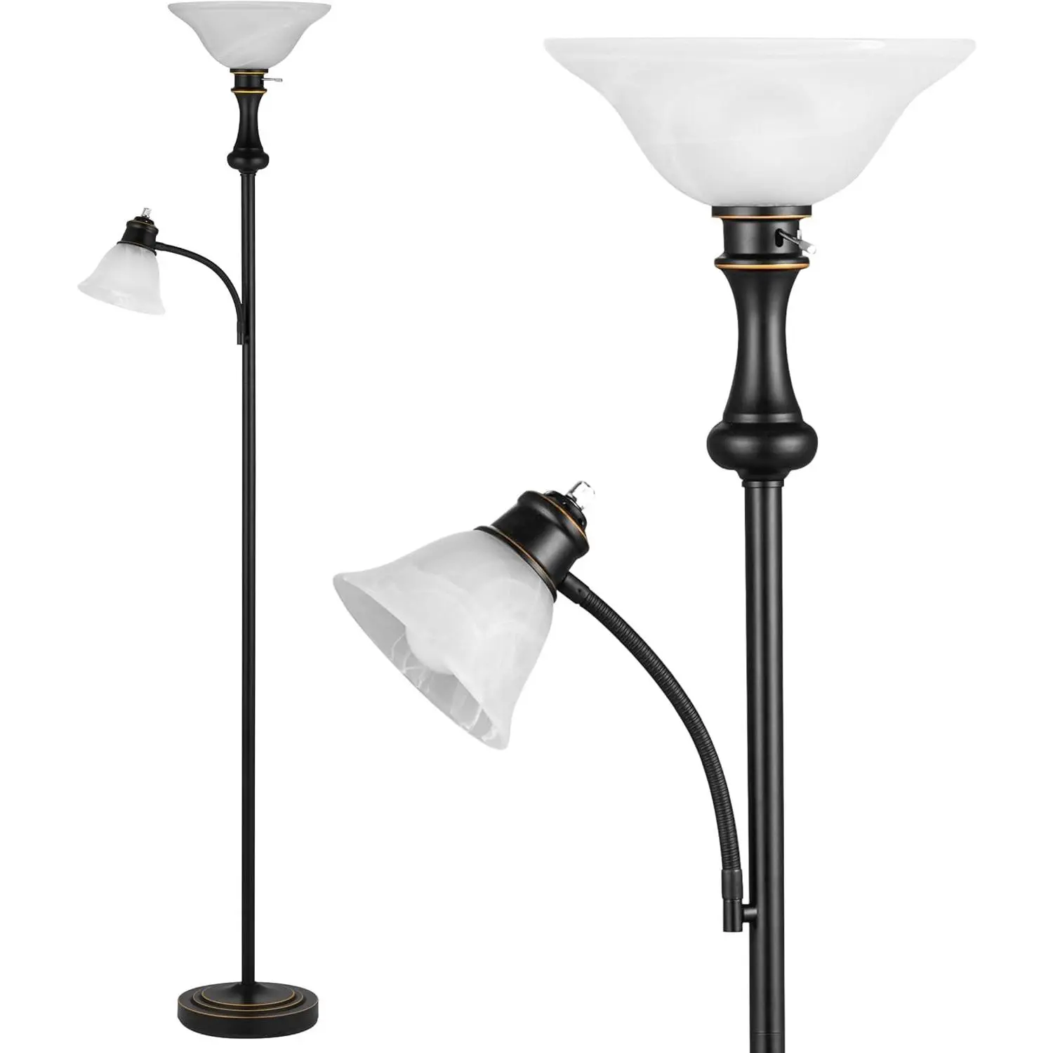 71'' Floor Lamps for Living Room, Tall Floor Lamp for Bedroom with Adjustable Angle Arc Reading lamp, Modern Torchiere Standing lamp with Glass Shade, Knob Switch, Bulb Included, Black
