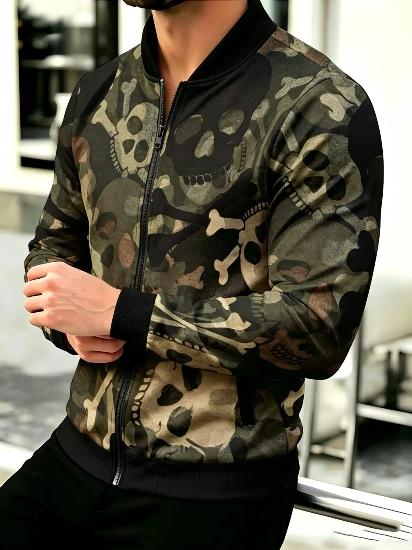 Men’s Streetwear Full‑Print Zip‑Up Bomber Jacket, Camo Skull Bone Graphic Stand Collar Outerwear, Ribbed Cuffs Hem, Loose Fit Long Sleeve Casual Coat For Daily Night Out.