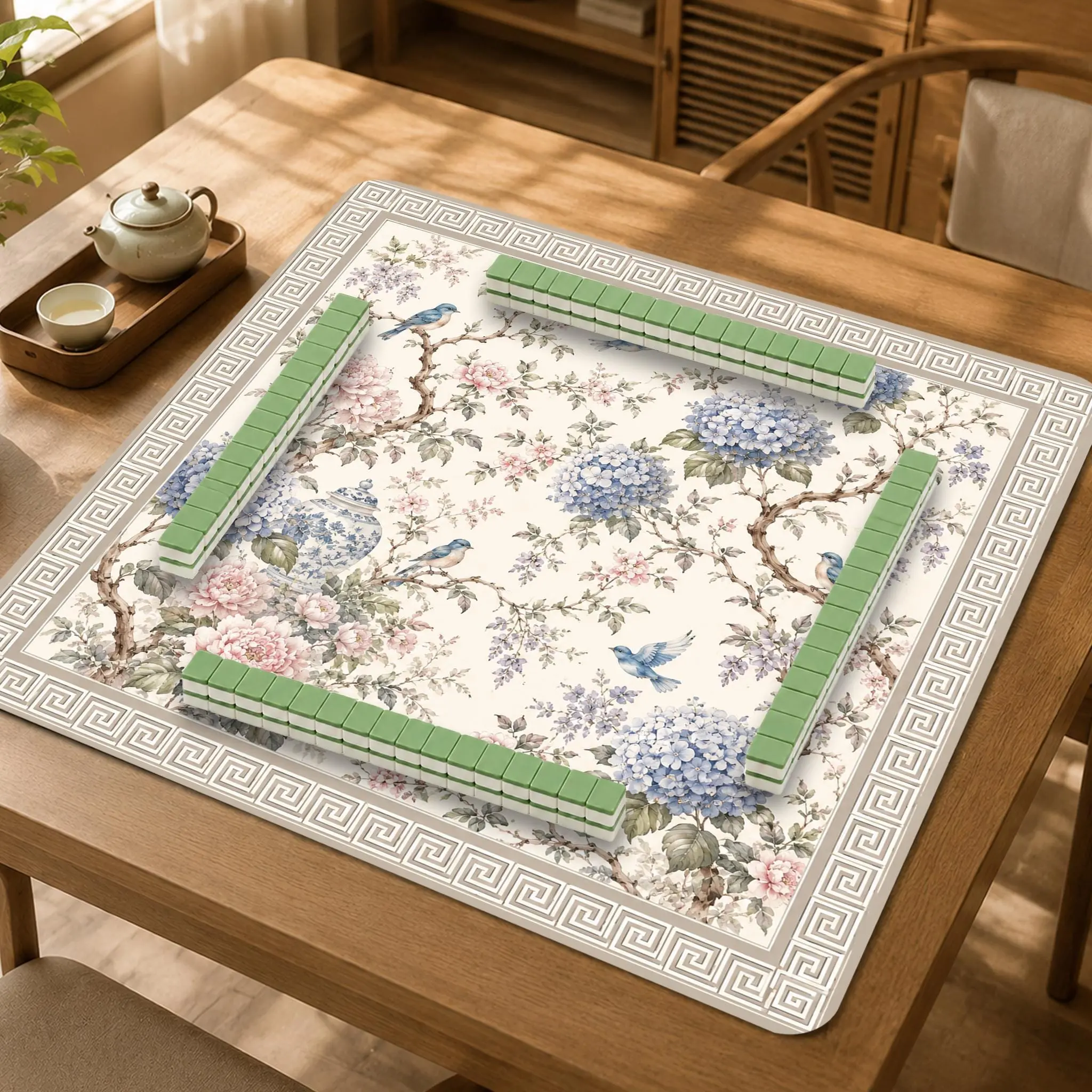 Hydrangea Mahjong Mat, Chinoiserie Floral Game Mat (33"x33") - Non-Slip Noise Reduction Gaming Mat for American Mahjong, Travel-ready with Carry Bag, Soft & Water-Repellent Surface, Noise-Reduce, for Poker & Card Game