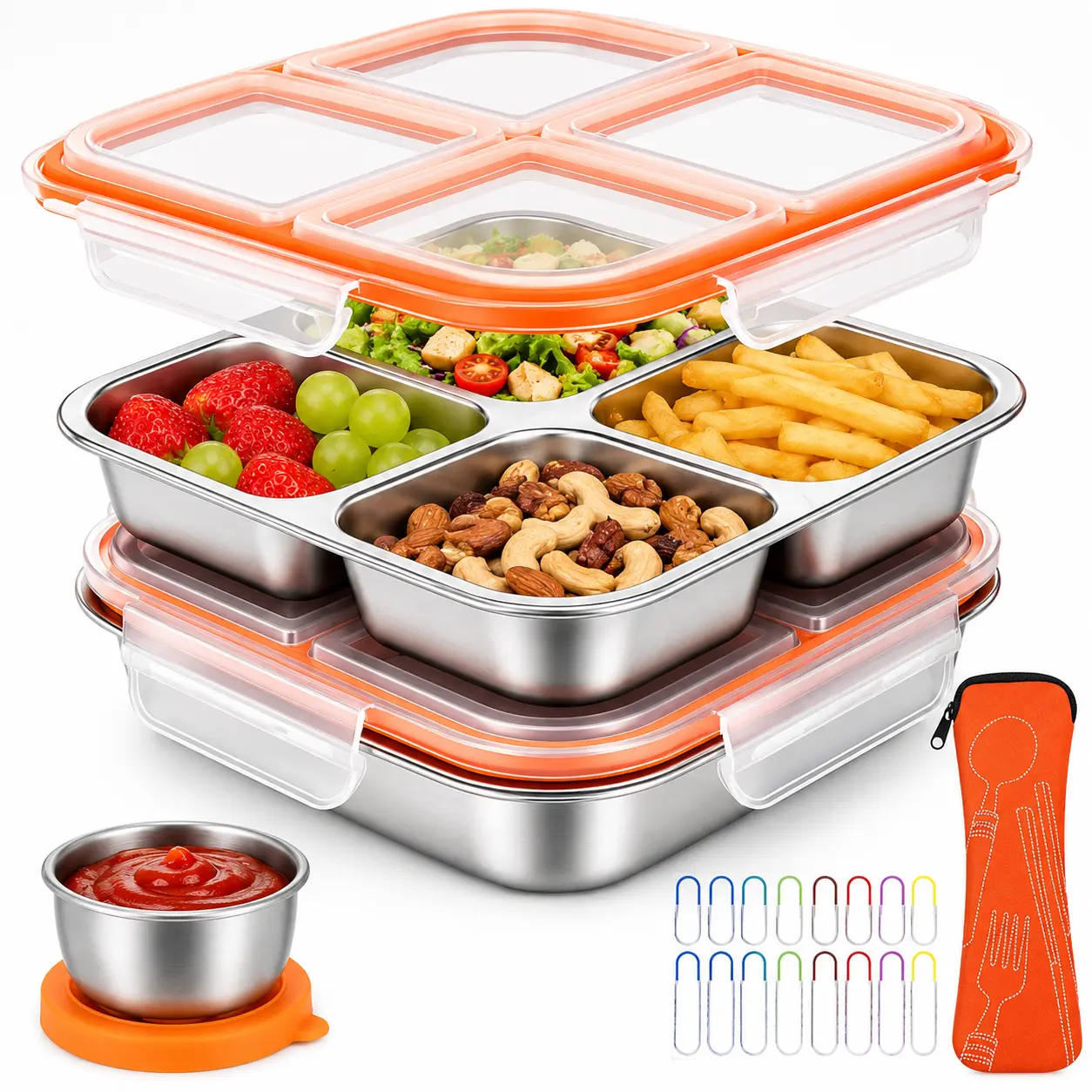 2-Pack Stainless Steel Snack Containers for Kids, Leakproof 4-Compartment Metal Bento Lunch Boxes with Sauce Cup and Utensil Bag for School and Travel