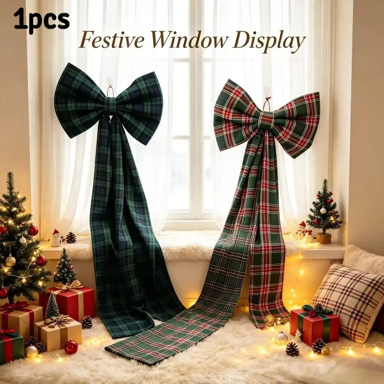 Plaid Long Tail Bow Christmas Scene Decoration, Vintage Plaid Bow Festive Tree Hanging Ornament, Retro Grid Christmas Bow Festival Decor