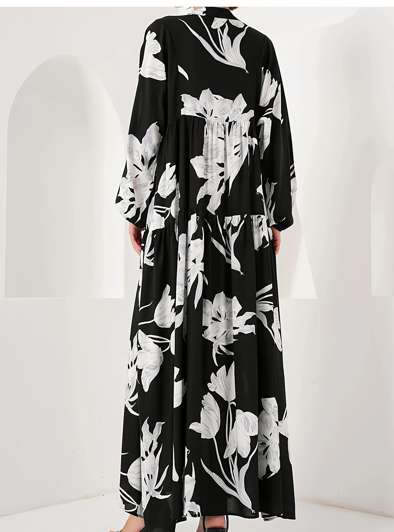 Arab Muslim Middle East Black Dress Elegant Temperament Noble Robe Flower Printed Long Shirt French