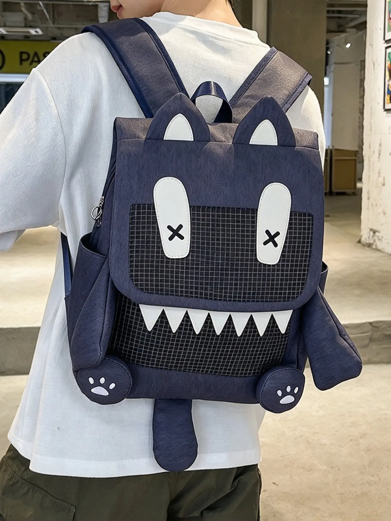 Cute Monster Cartoon Backpack, Japanese Style, Colorblock Grid Flip Cover, X-Eye Sharp Teeth Design, Side Pockets, Adjustable Straps, Lightweight Fabric, Graphic Backpack