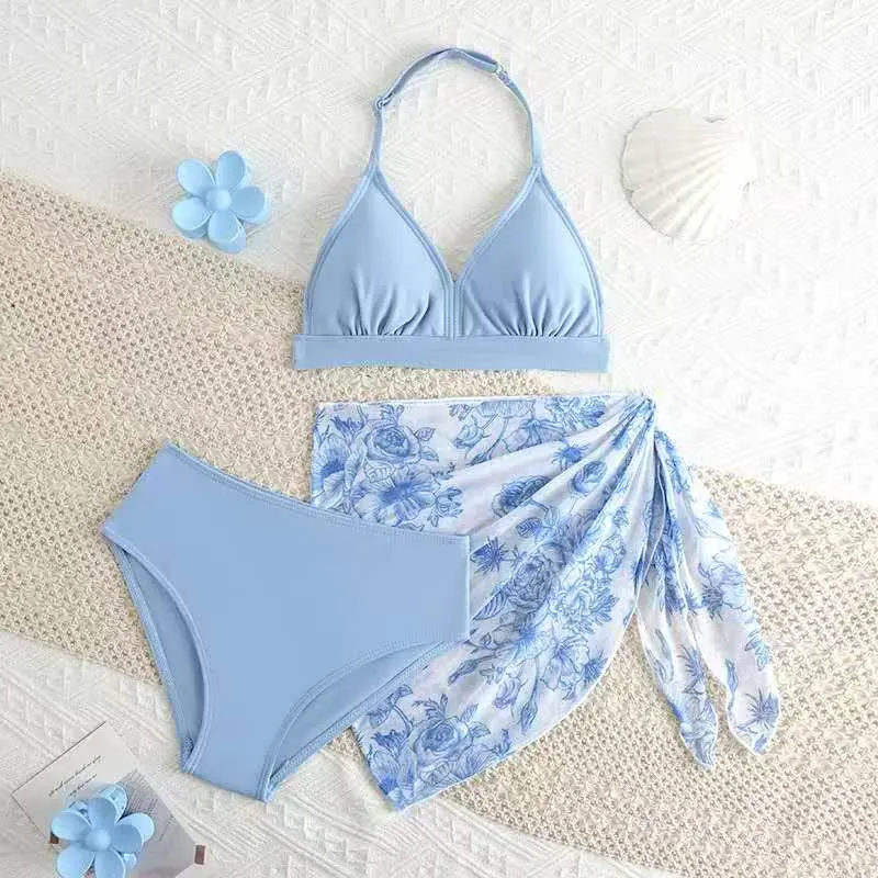 Girls' Solid Halter Triangle Bikini Set with Beach Skirt, 2026 Youth Sizes Kids Swimwear for 8-12Y Female Children, Triangle Set