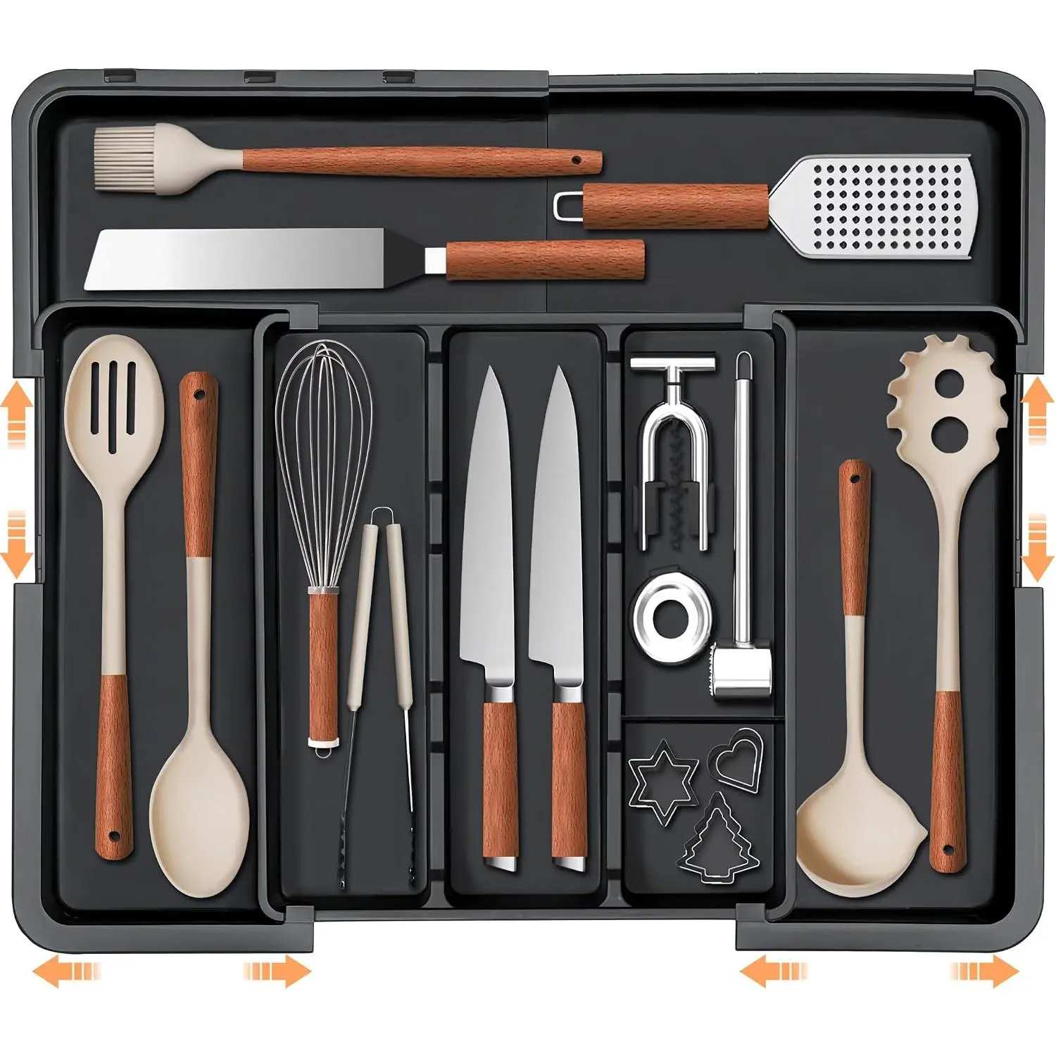 Large Utensil Drawer Organizer Expandable Silverware Organizer for Kitchen Drawer Adjustable Cooking Utensil Holder Cutlery Flatware Tray Spatula Tools Gadgets Storage Dividers Plastic Black