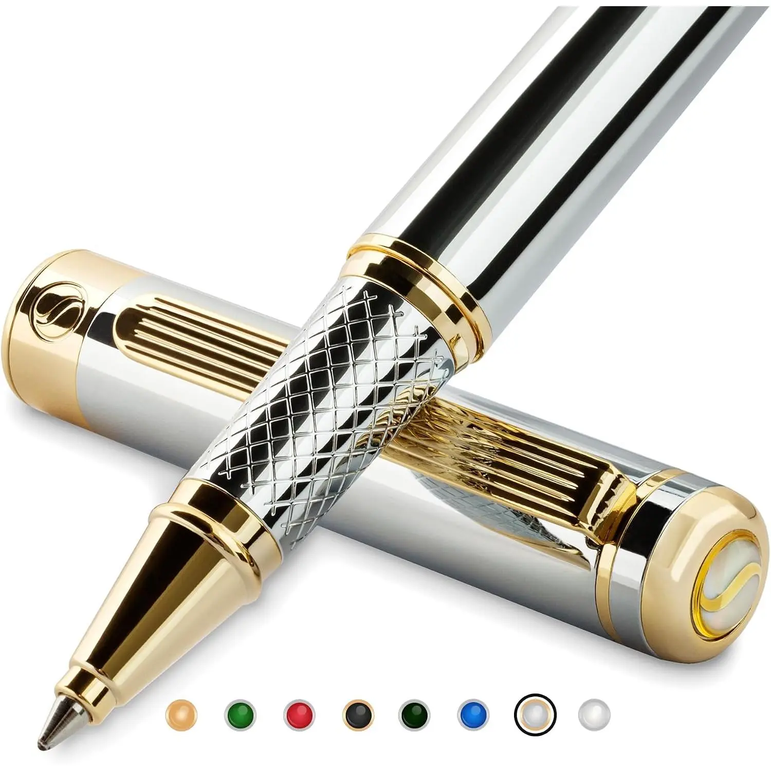 Chrome Rollerball Pen - Stunning Luxury Pen, Real  ,  Ink Refill,  Roller Ball Pen  Set for Men & Women, Professional, Executive Office, Fancy Pens