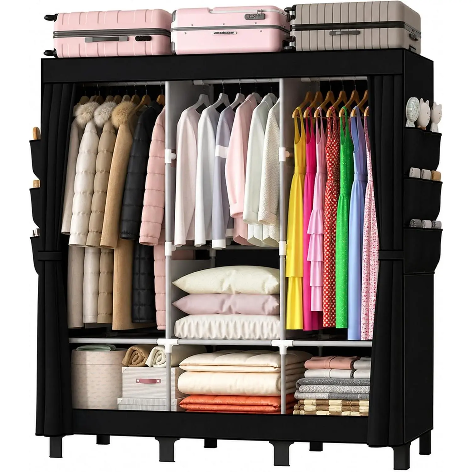 Portable Closet Wardrobe Closet for Hanging Clothes with 3 Hanging Rods for Bedroom, Non-Woven Fabric Clothes Closet for Living Room Easy Assemble (Black, 3 Columns, 51.2 inch Width)