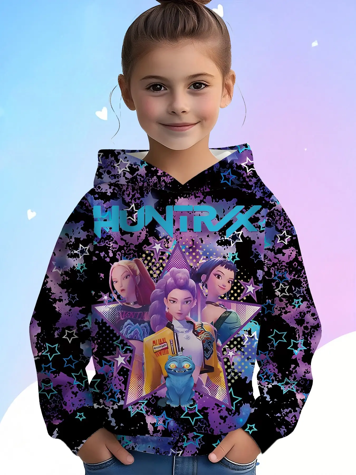 Base Blue Splatter Stars Sweatshirt, Girls' Hoodie with Full Print, Casual Loose Fit, Fall & Winter Fashion
