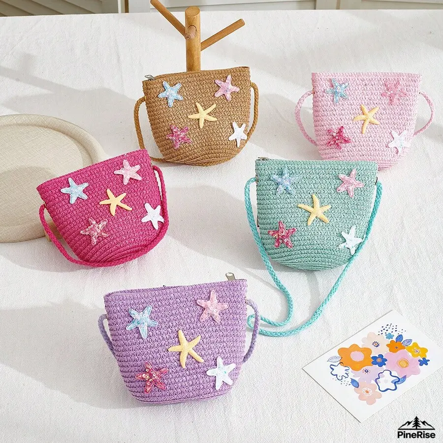 1Pc Colorful Straw Woven Mini Crossbody Bag Lightweight Crochet Shoulder Bag With Starfish & Star Applique Fashion Carry Accessory For Indoor Leisure Daily Vacation Outfit Matching