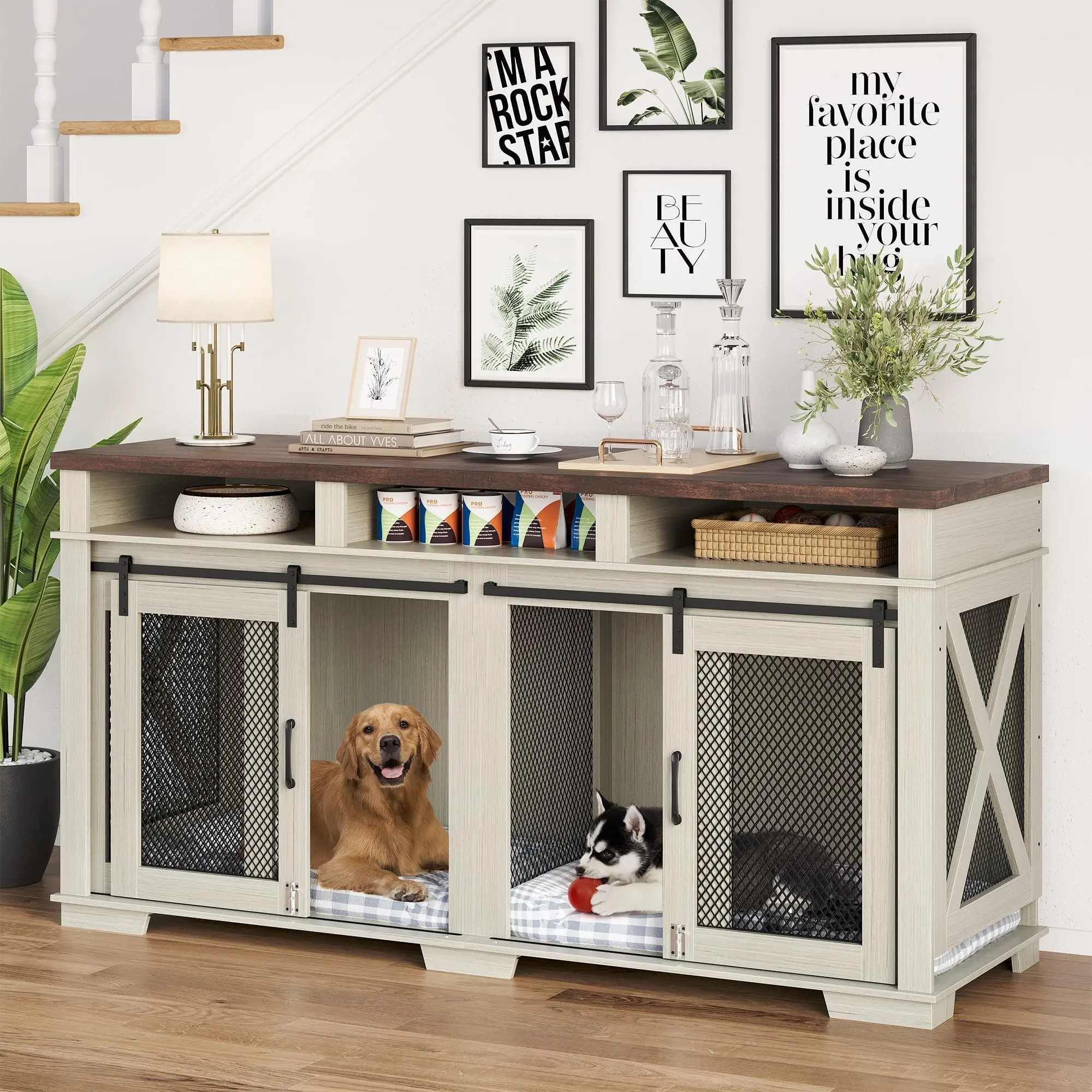 Heavy Duty Double Dog Crate Coffee Table for Large Dogs - Wooden Pet Kennel with 3 Storage Drawers, Removable Divider, Sliding Barn Door - Multi-Functional Extra Large Furniture-Style TV Stand