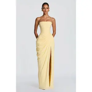 Sexy Backless Tube Top Long Dress, Draped Bodycon Gown with Thigh High Split, Chic Party Clubwear for Women