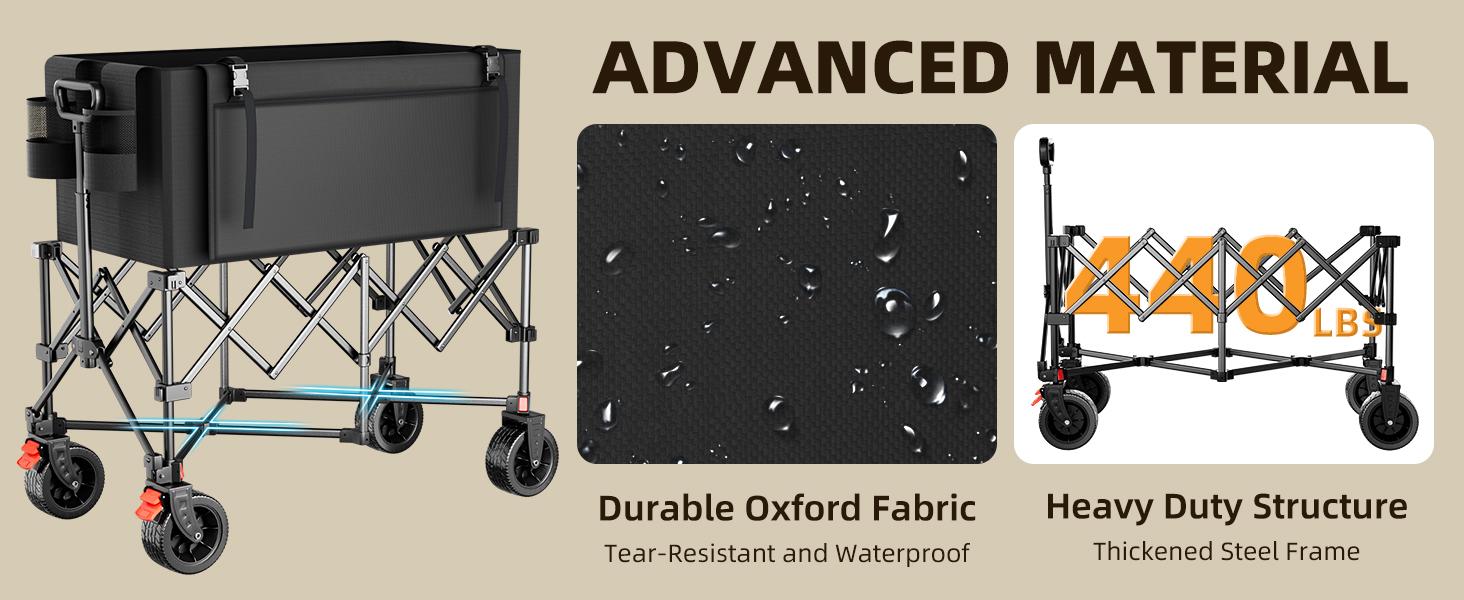 39" L Collapsible Wagon Cart, 220L Large Capacity and 440Lbs Heavy Duty, Lightweight 15lbs Folding Garden Cart with Silent All-Terrain Wheels for Beach, Camping Grass and Grocery, Black