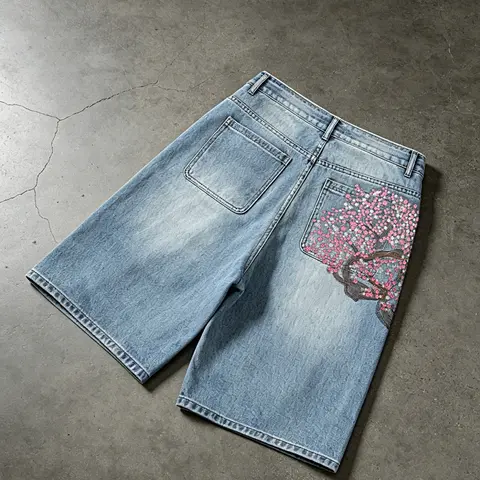 American Street Floral Embroidered Washed Blue Jeans Shorts, Loose-Fitting Five-Quarter Pants, Trendy Casual Streetwear Bottoms for Women