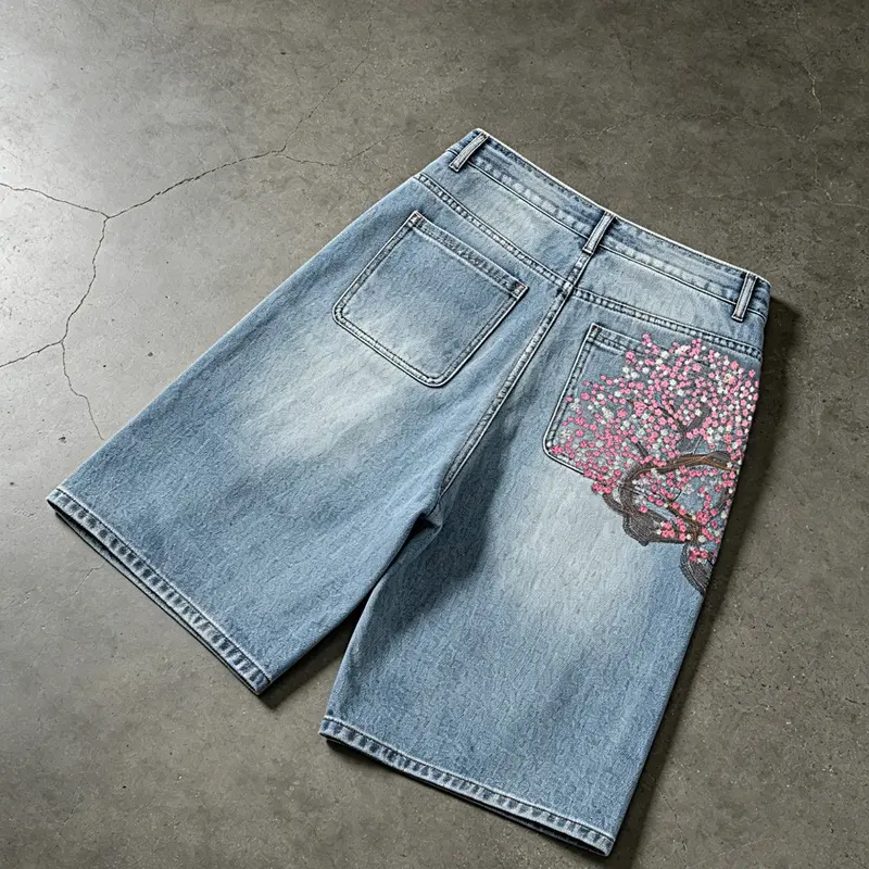 American Street Floral Embroidered Washed Blue Jeans Shorts, Loose-Fitting Five-Quarter Pants, Trendy Casual Streetwear Bottoms for Women