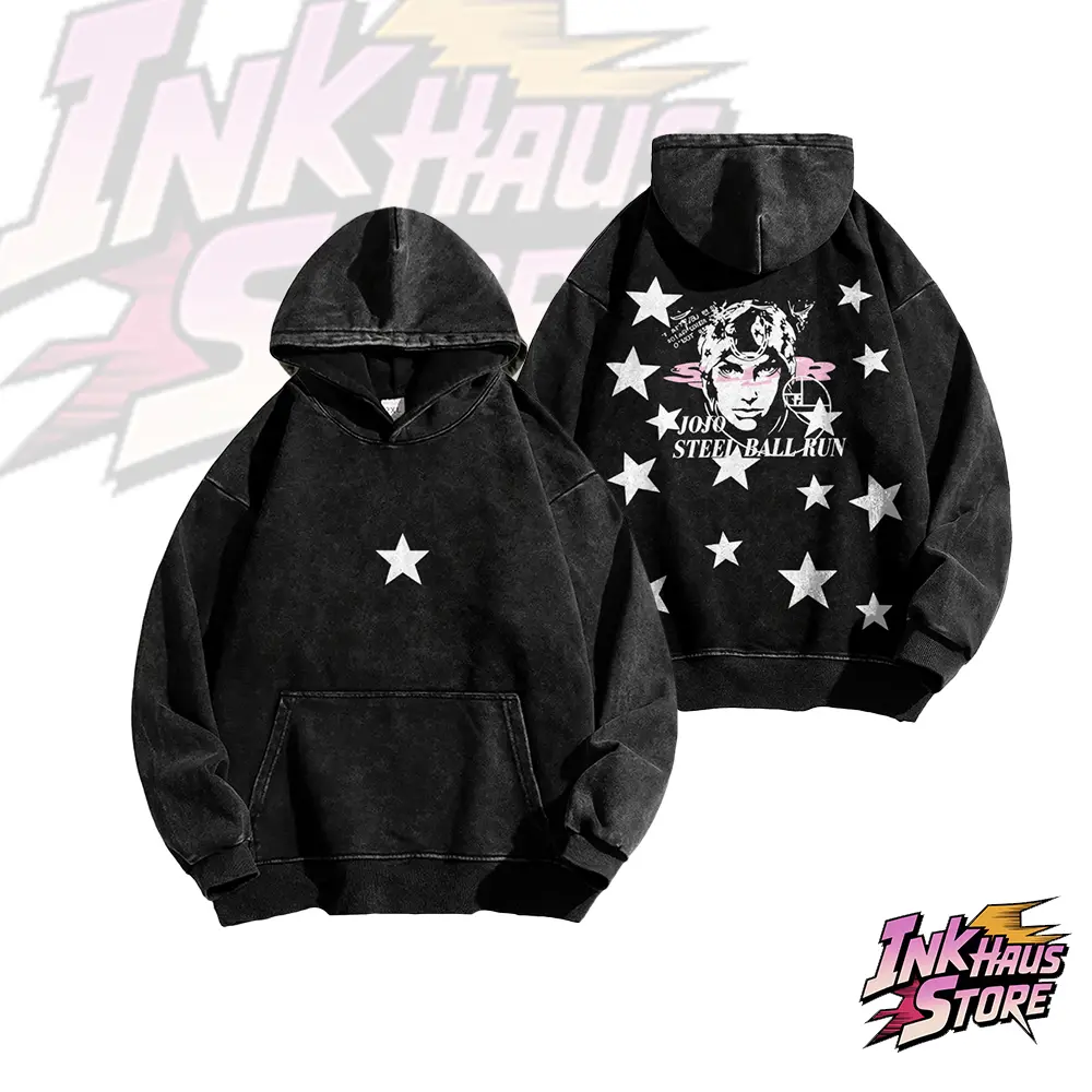 Retro Washed Hoodie With Star Print Inspired by Johnny Joestar From JoJo's Bizarre Adventure Part7 SBR