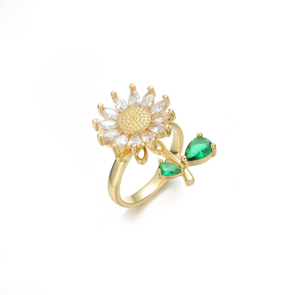 3PCS Jewelry Set, Green Leaf, Rotating Sunflower Zircon Necklace Ring Bracelet Fashion Suit Clavicle Chain