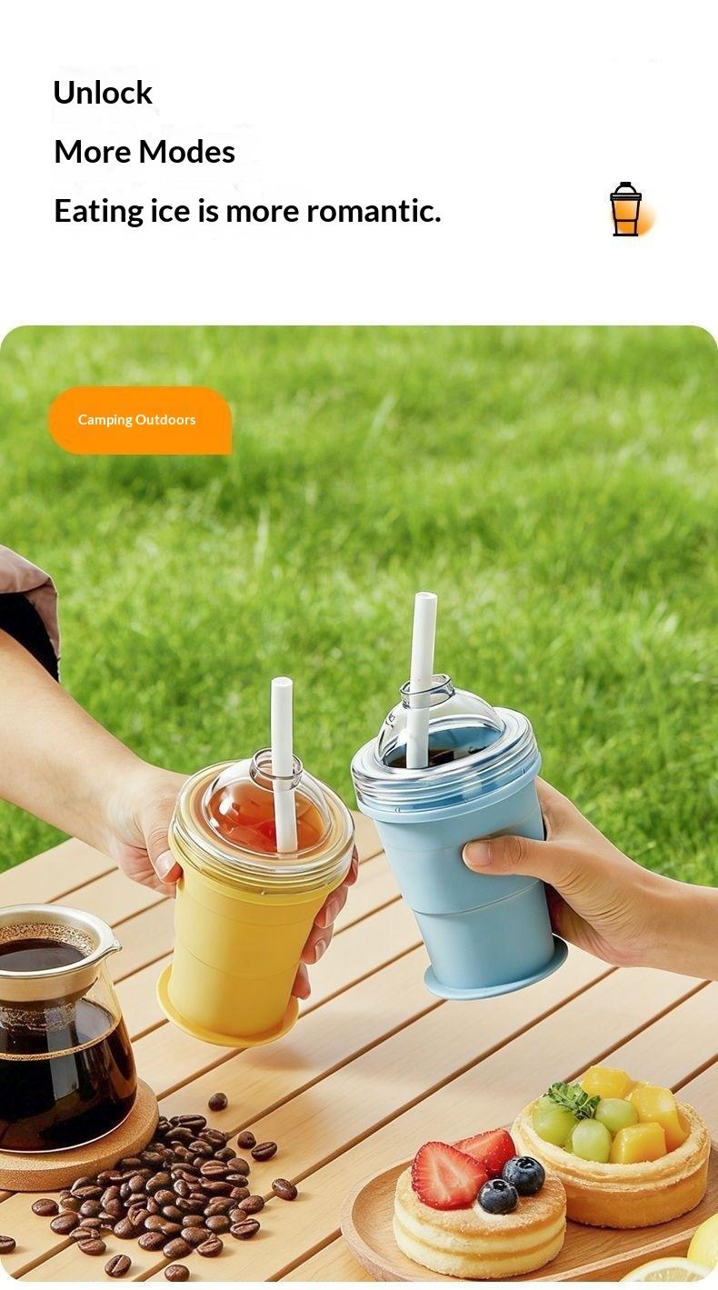 New portable foldable ice ball cup with built-in straw, silicone food-grade ice cup mold, convenient for summer outings