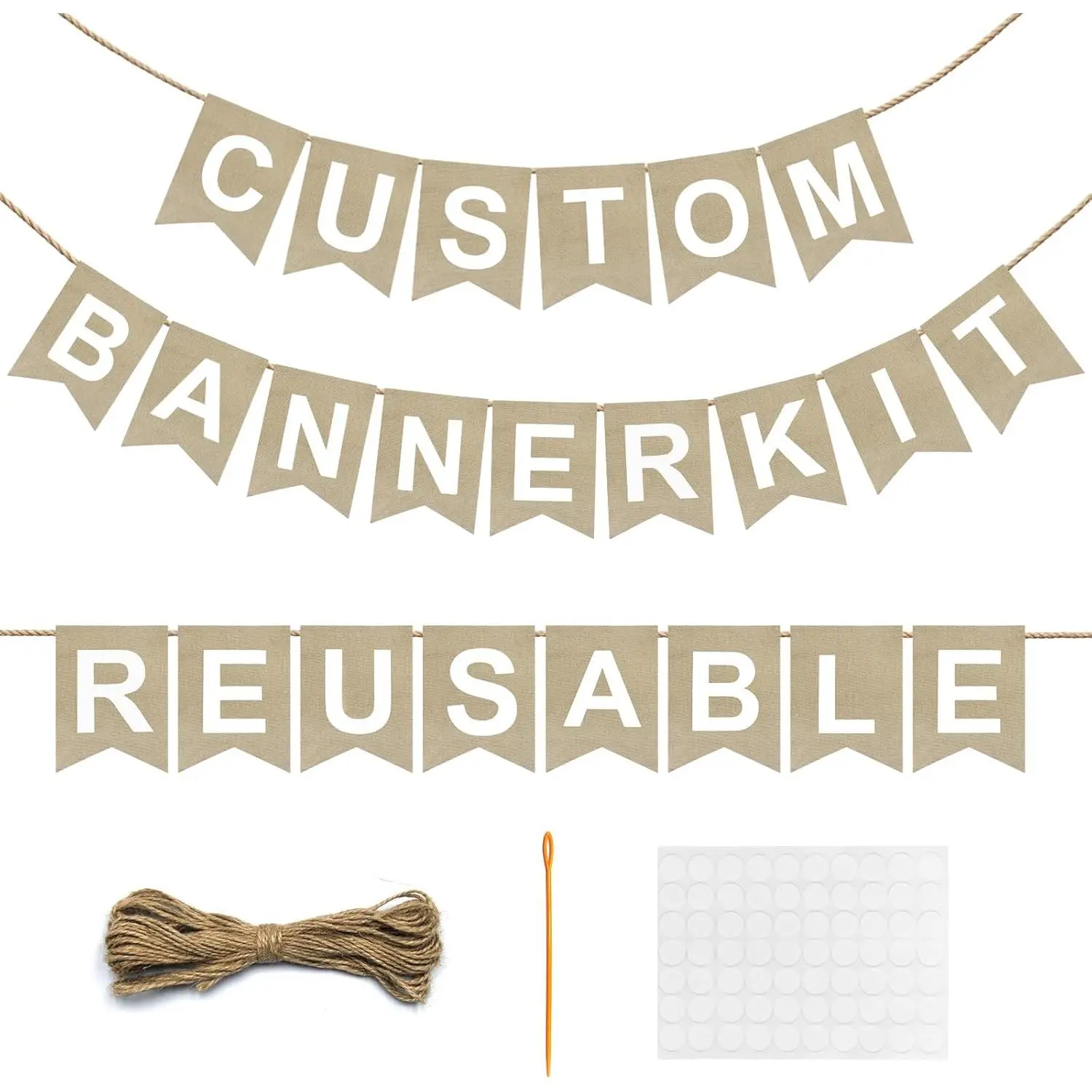 Hanging DIY Reusable Banner Kit - 28 Burlap Flags (8"x6"), 87 Letters/Numbers, 49ft Rope, 210 Adhesive Dots - Personalized Festive Decor for Birthday, Wedding, Photo