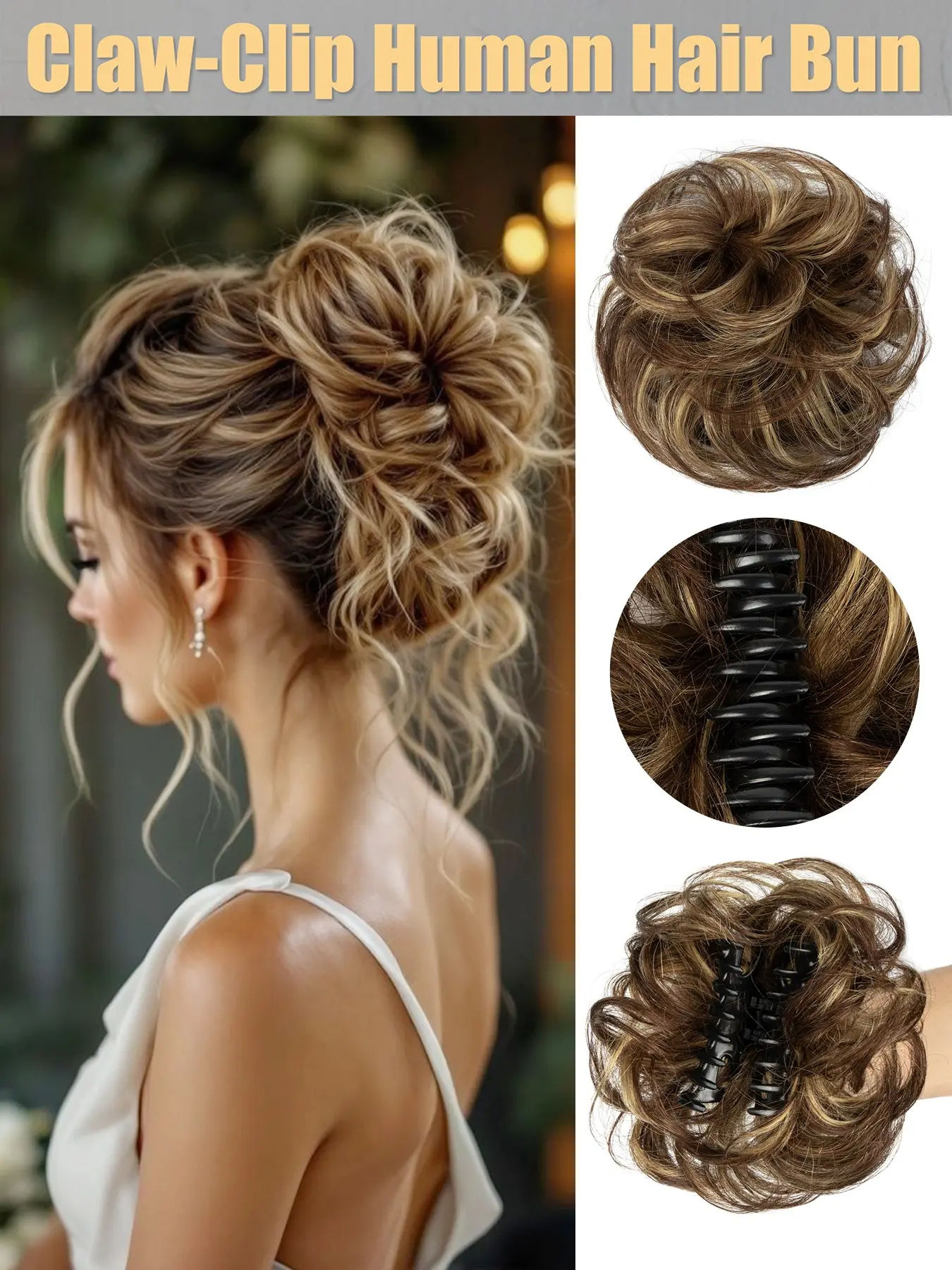 Claw-Clip Human Hair Bun, Real Human Hair Chignon, Non-Slip Claw Design, Natural Look, Quick Elegant Updo for Daily Wedding Party