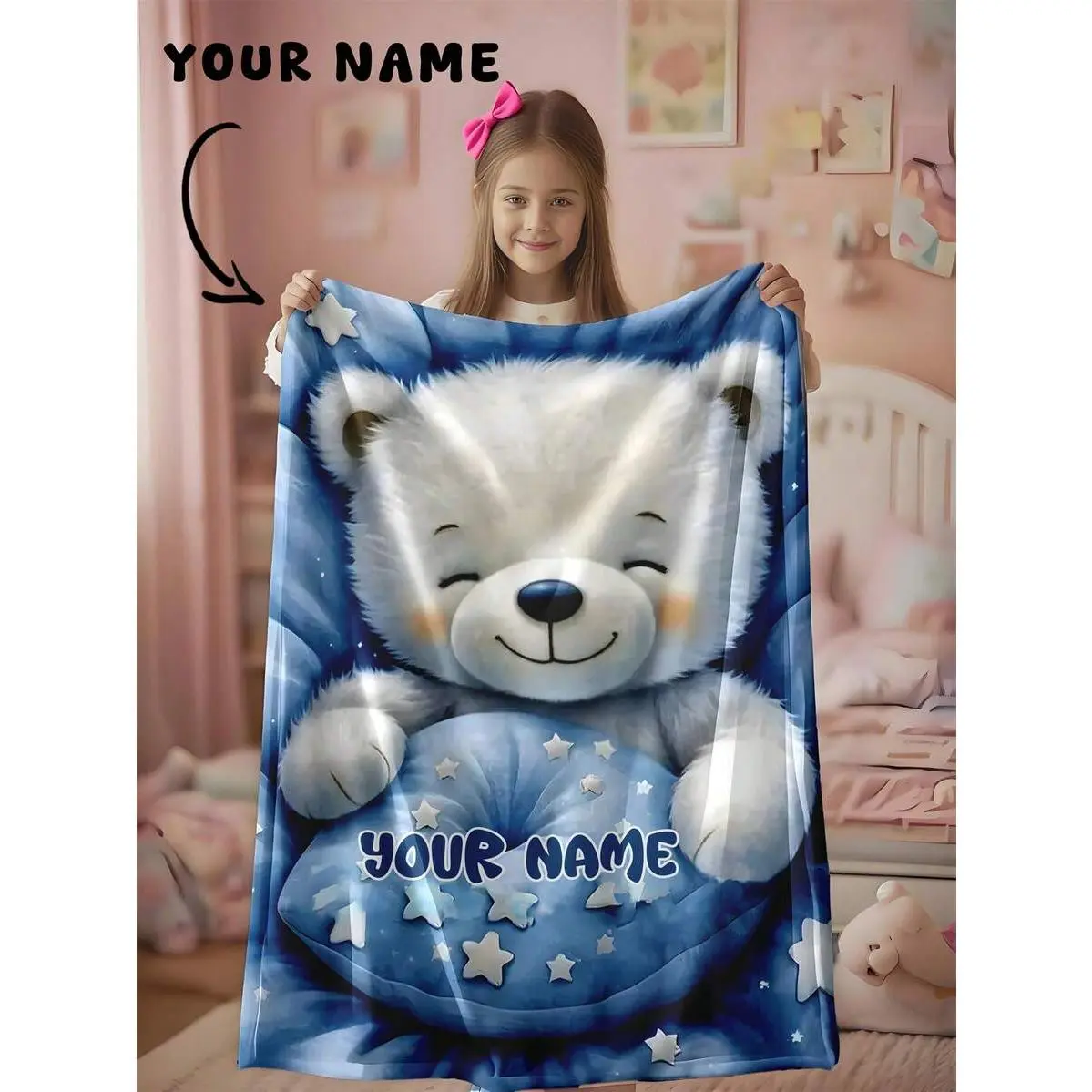Personalized Sleeping Bear Throw Blanket - Blue Starry Night, Wrinkle-Resistant Glam Flannel Cover, Custom Double Name Design, Milestone Gift for Toddlers, Cozy Style for Home Snuggles, All Seasons Nursery Crib Stroller Decor