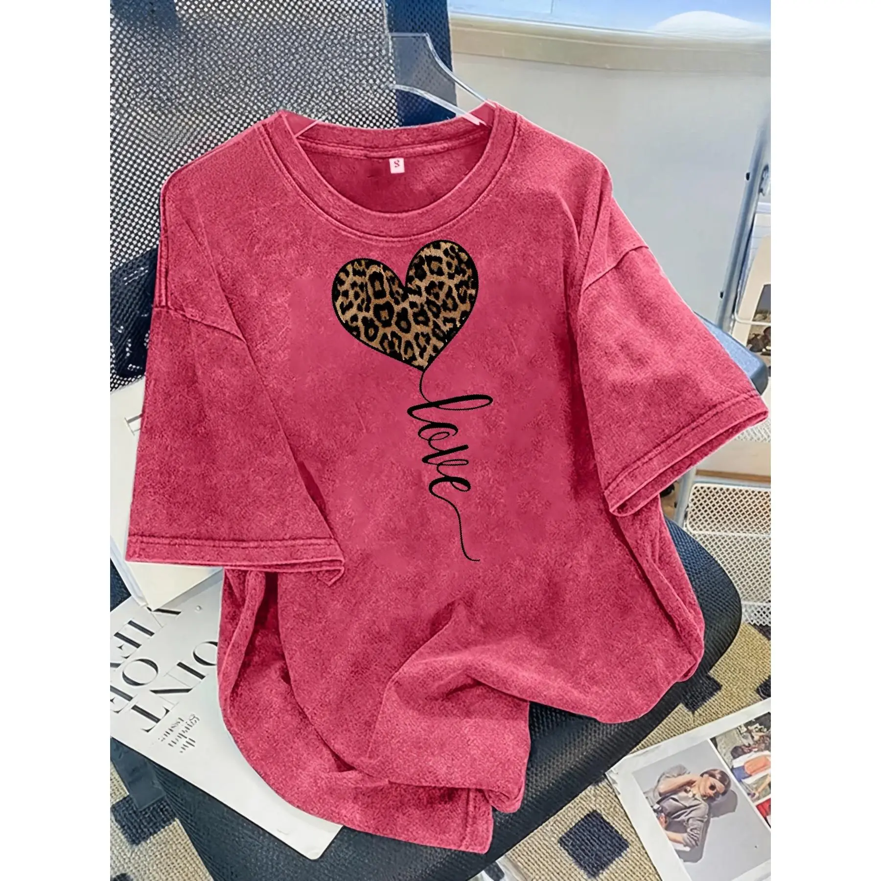 Men's Oversized Graphic Streetwear T-Shirt - Vintage Washed Short-Sleeve, Distressed Round Neck, Leopard Print & Heart Motif, Cotton Loose-Fit Top for Casual Spring/Summer Commuting (Vintage Graphic Tees), Graphic Streetwear Tshirt