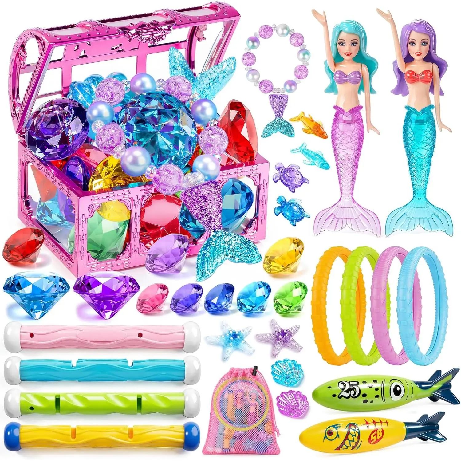 Kids Diving Pool Toys Set with Treasure Chest, Sinking Swim Rings Sticks Sharks & Mermaid, Underwater Swimming Games Competition Toys with Bracelet Reward for Boys Girls Summer Toys