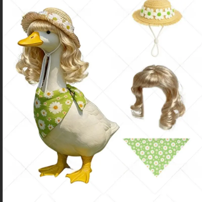 23 Inch Porch Goose Outfit 3Pcs Set, Spring Pastoral Daisy Costume with Wig Straw Hat Scarf, Outdoor Lawn Yard Garden Easter Decor Accessory