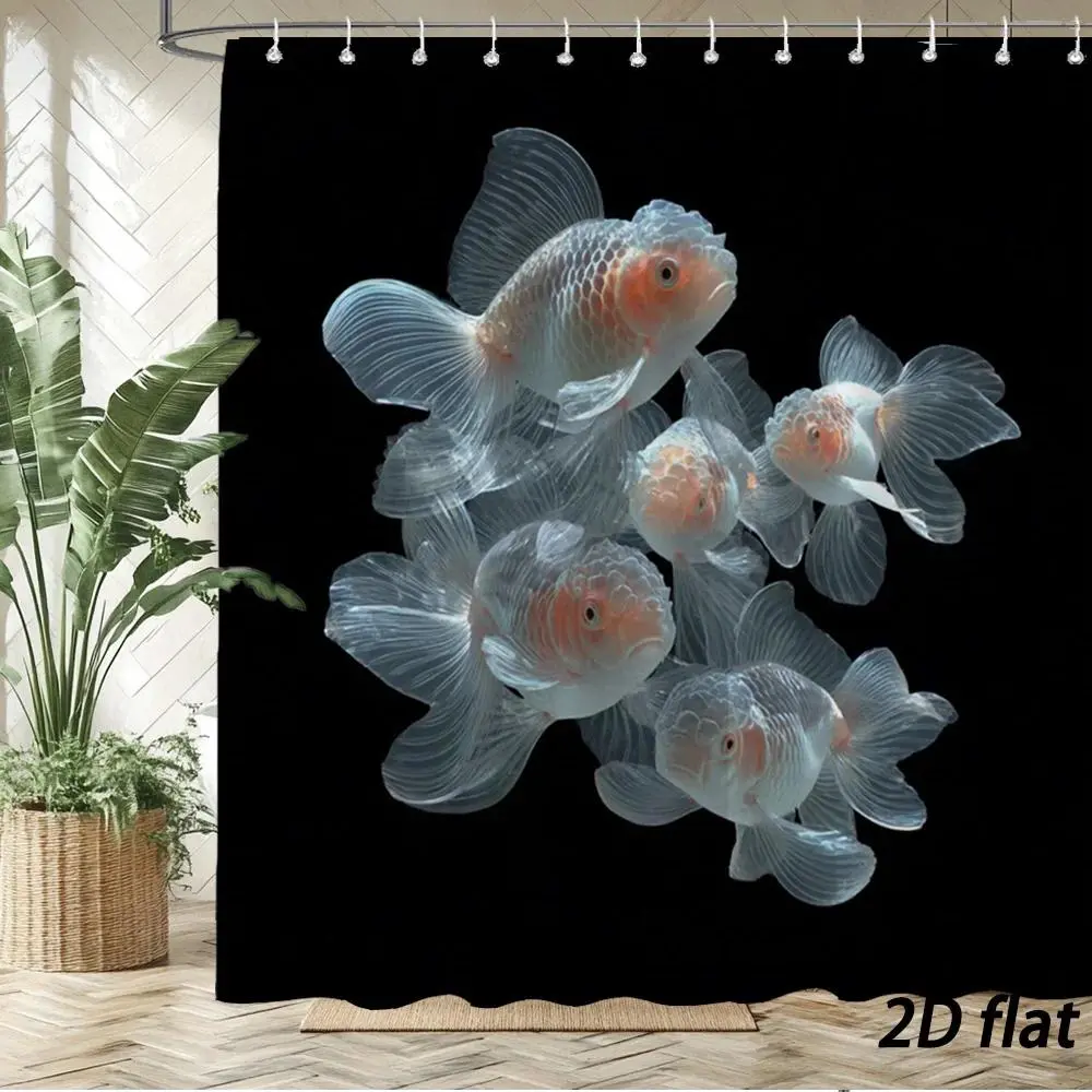 Translucent Goldfish Shower Curtain 6 Oranda Fish Black Background 2D Flat Art Design Fabric Bathroom Decor with Hooks