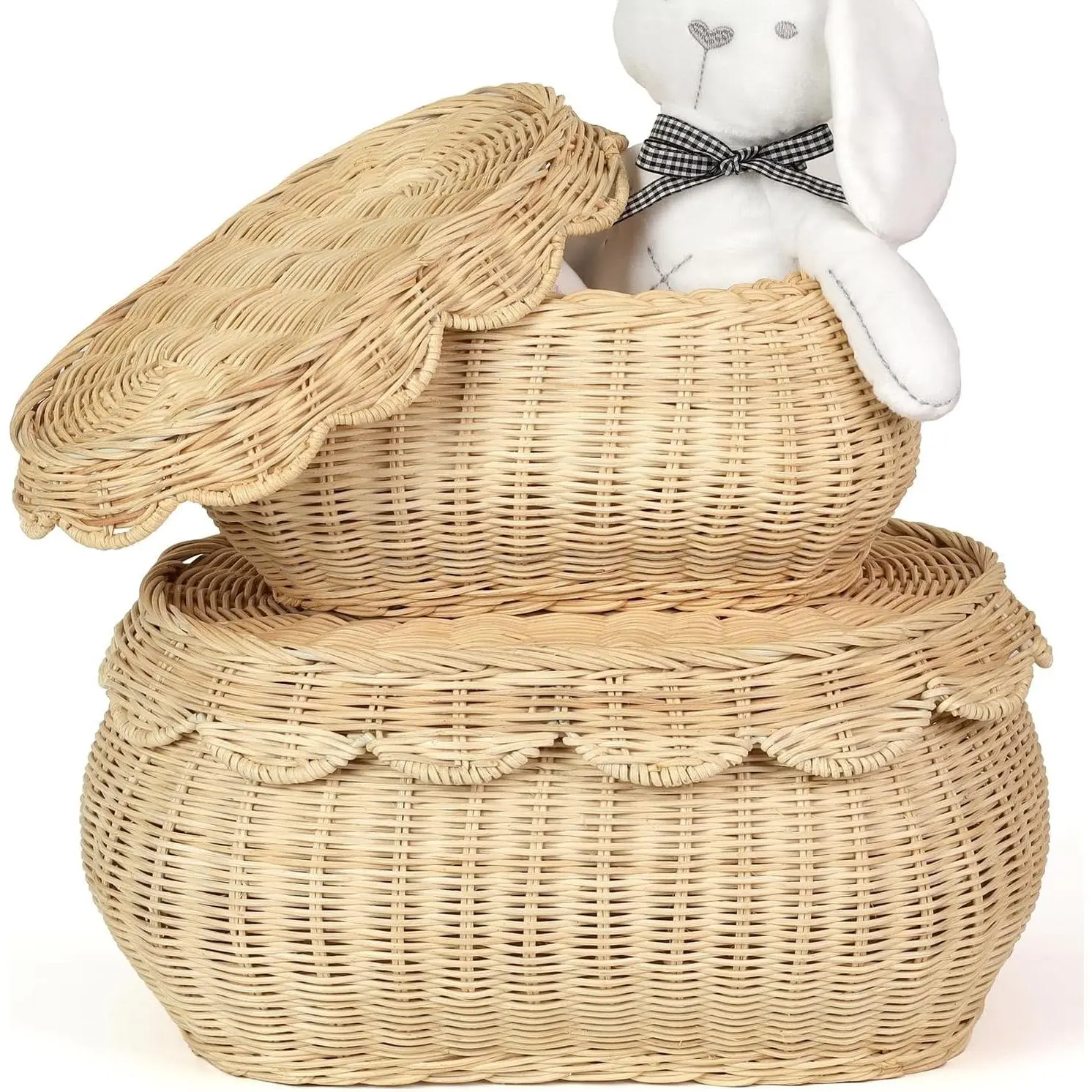 2pcs Hand Woven Rattan Scallopped Baskets with Lid, Small Decorative Wicker Storage Baskets for Living Room Bathroom Bedroom Food Bread Picnic