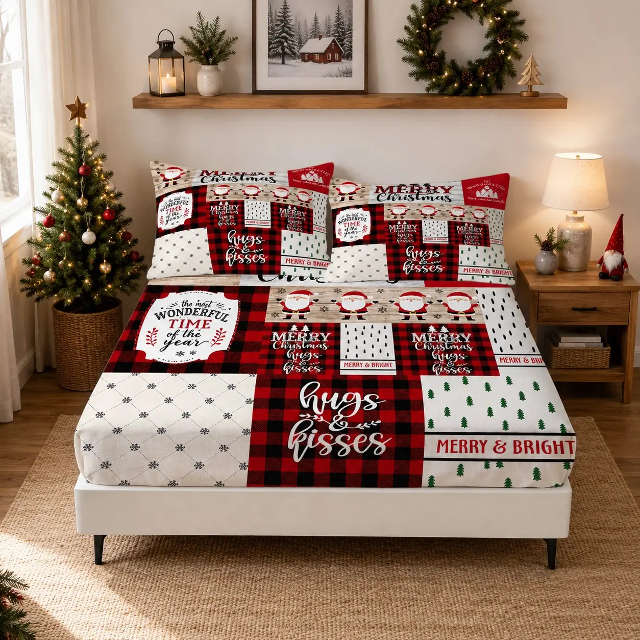 3-Piece Christmas Themed Print Fitted Sheet Set (1 Fitted Sheet and 2 Pillowcases), Pillow Inserts Not Included, Soft and Breathable, Bedroom Decor for Teens and Adults, Thoughtful Christmas Gifts for Family and Friends