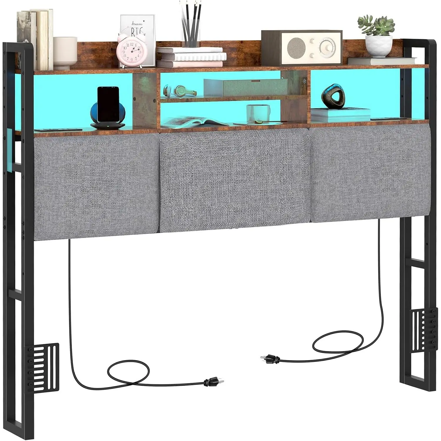 Headboard for Full Size Bed with  Station and LED Light | Full Bed Upholstered  Board with Storage Shelves, Full Size Headboard with Power Outlets, Height Adjustable, Brown