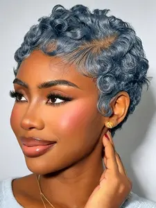 6 Inch Loose Wave Short Curly 13x4 Lace Front Human Hair Wig, 180% Density Salt and Pepper Pixie Cut Wig for Women