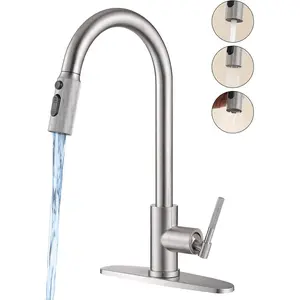 Kitchen Faucet, Pull Down Sprayer Kitchen Sink Faucet, Single Handle High-Arc with 3 Function  , 1 or 3 Hole Installation, Suitable for  Laundry Rv Bar (Brushed Nickle)
