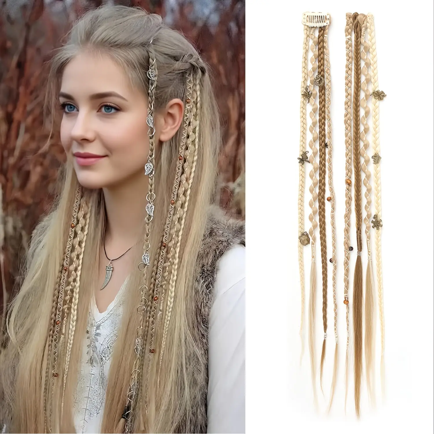 Hand-woven bohemian style 16inch clip-in braid extensions, bohemian dreadlocks paired with everyday wear beads and exquisite accessories, synthetic braided hair for women