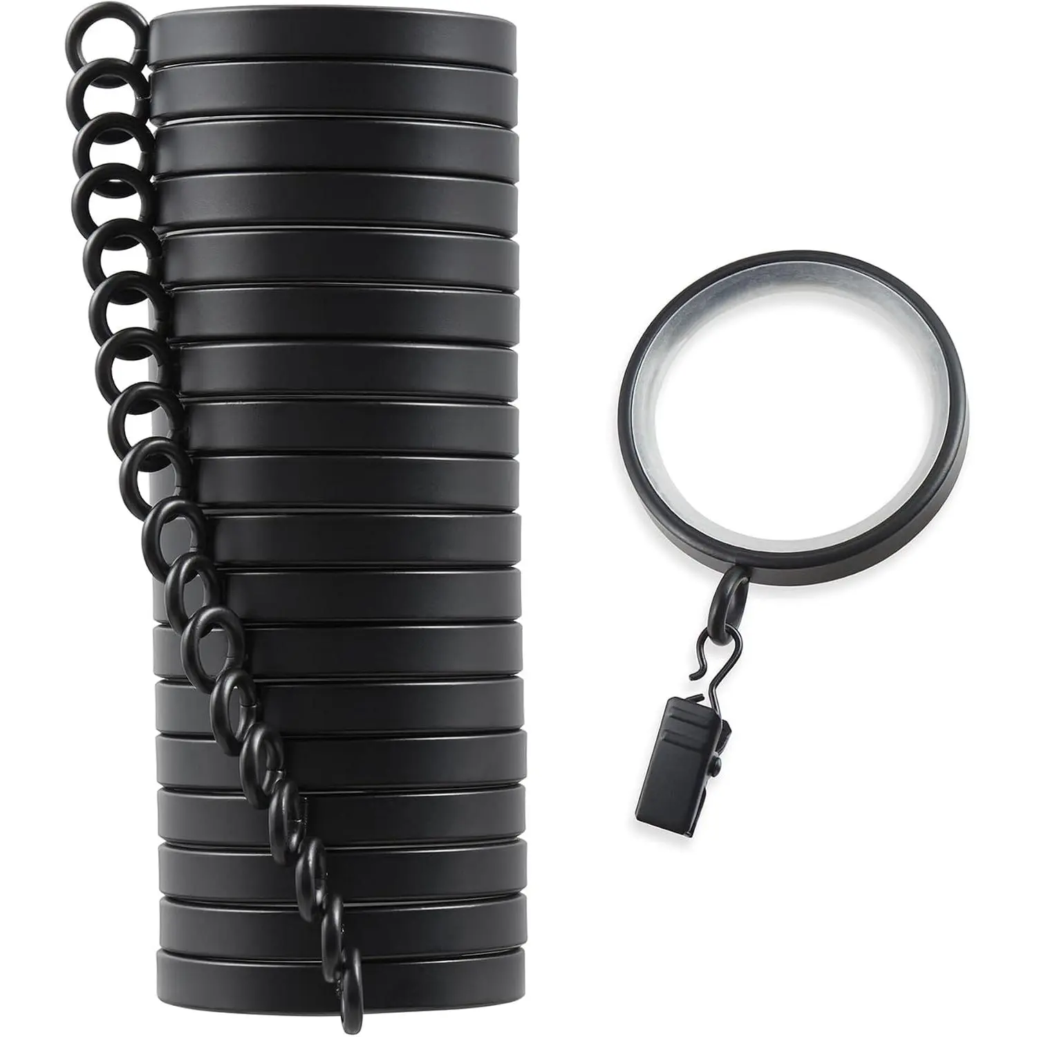 Cambria Designer Series Premium Quiet Glide Metal Curtain Rings - 18-Count Clip-On Clips, Smooth Nylon Inserts, 2 in Diameter (1-5/8 in Inside), Round Shape Solid Satin Black Finish, Metal Rings, Solid Finish
