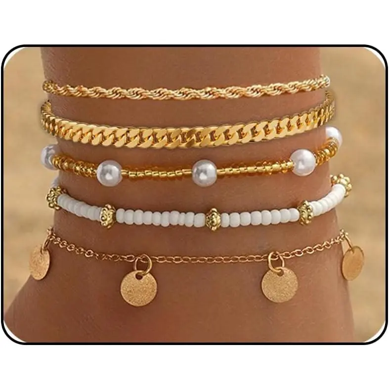 Summer Ankle Bracelet for Women Cuban Link Chain Anklets Boho Beaded Beach Anklet Set Layered Dainty   Anklets Adjustable Summer Beach