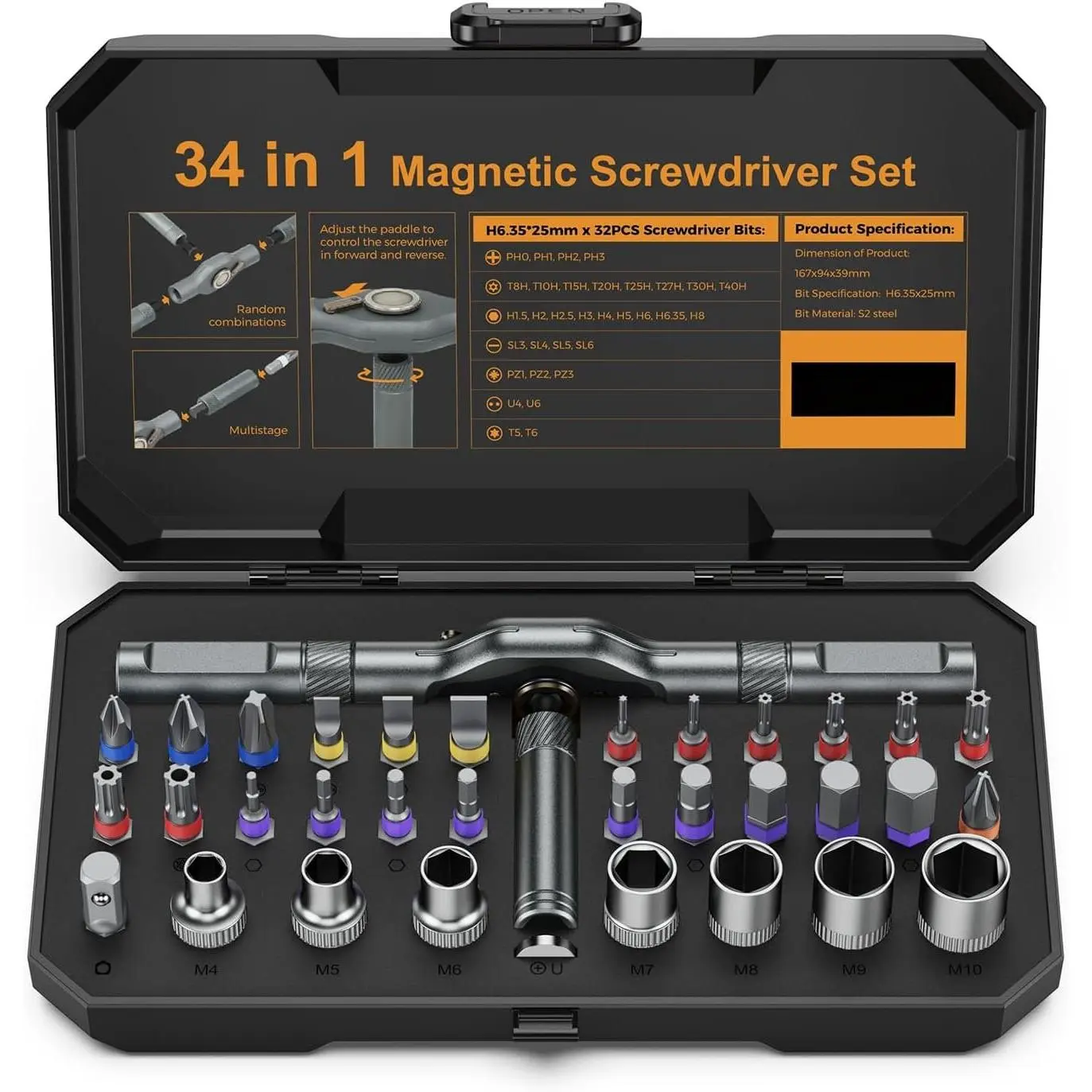 34 in 1   Set, Ratcheting  Set with 1/4″ Socket Adapter, 24 Bits & 7 Hex Sockets, Modular Handle, DIY Tool Kit for Furniture, Appliance, , Auto Repairs