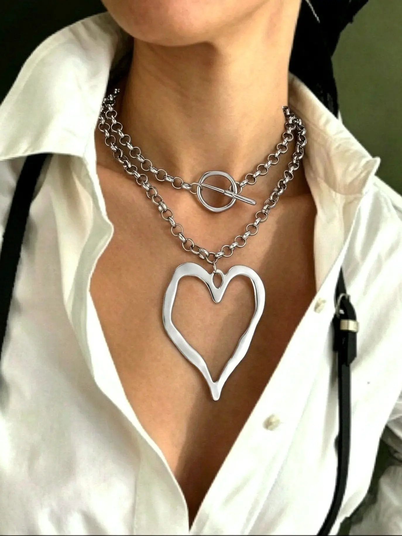 Women's Boho Punk Chunky Pendant Necklace, Heart Hollow Out Long Chain, Layered Necklaces for Parties, Daily Wear, All Seasons