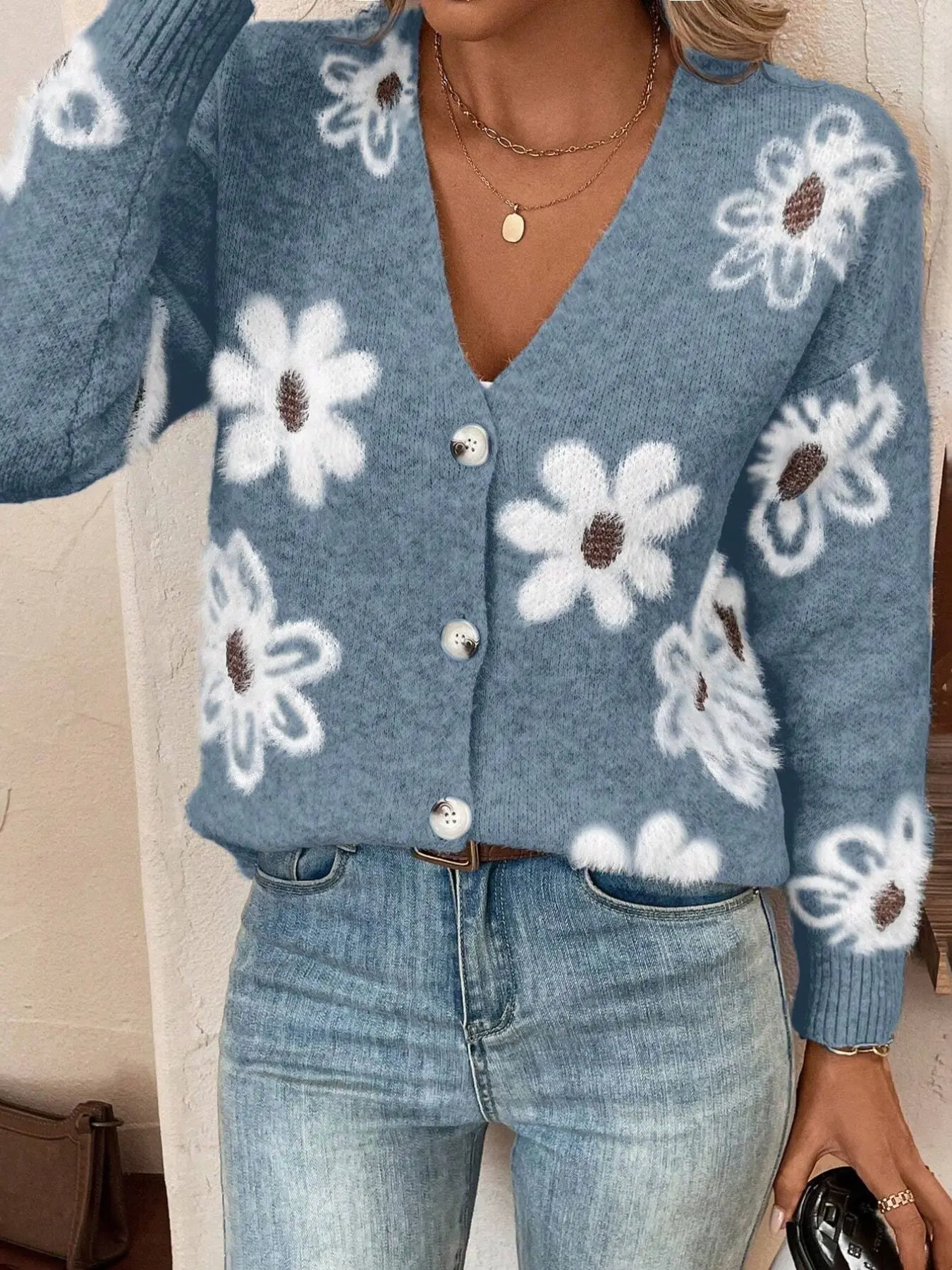 Mist Blue 3D Plush Daisy V-Neck Open Front Women's Knit Jacket, Soft Single Button Loose Short Sleeve Outerwear, Cozy Casual Style