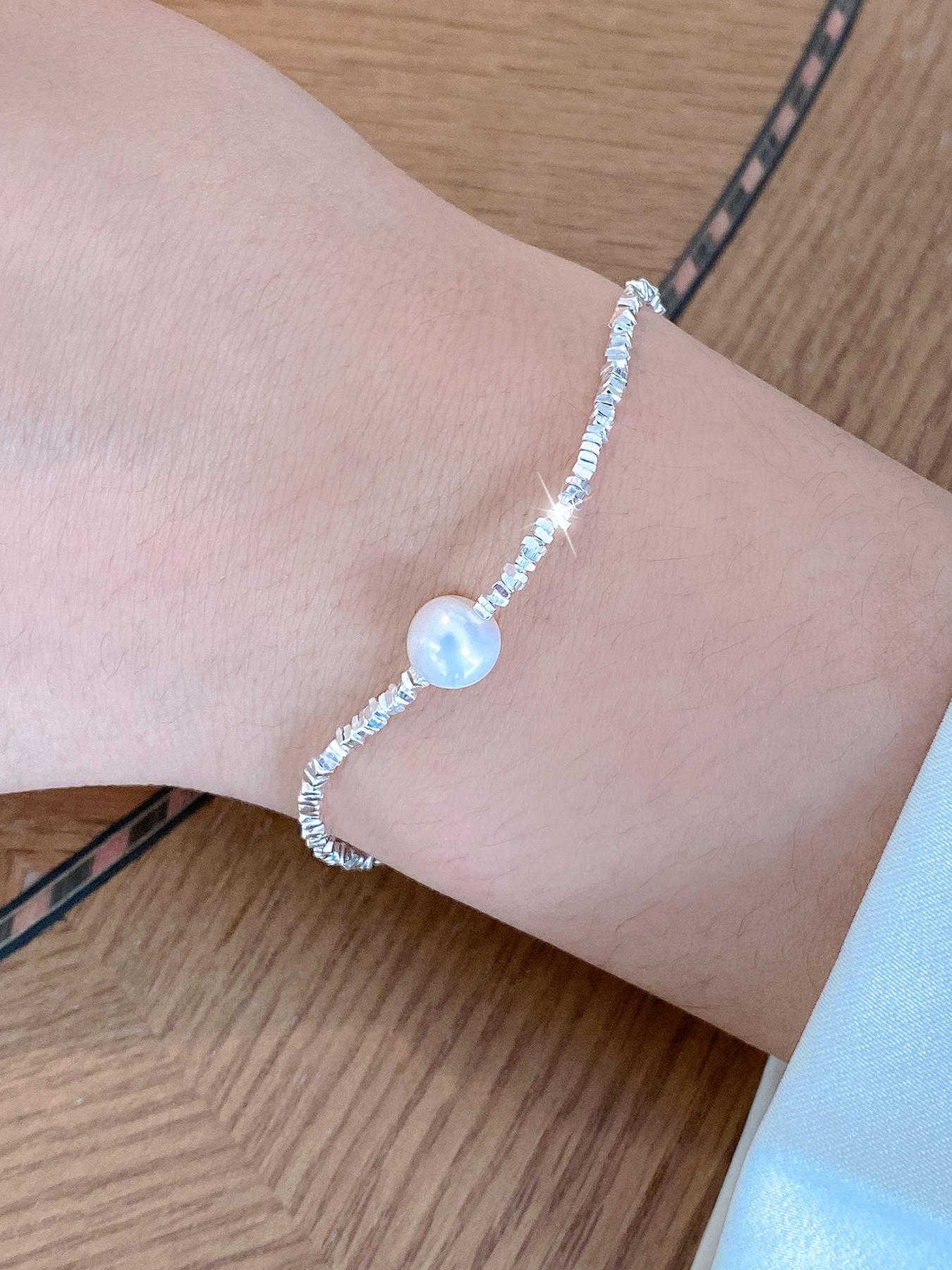 S925 Sterling Silver Faux Pearl Decorated Bracelet, Fashion Jewelry for Party, Daily Clothing Decor, Trendy All-match & Exquisite Jewelry for Birthday Gift