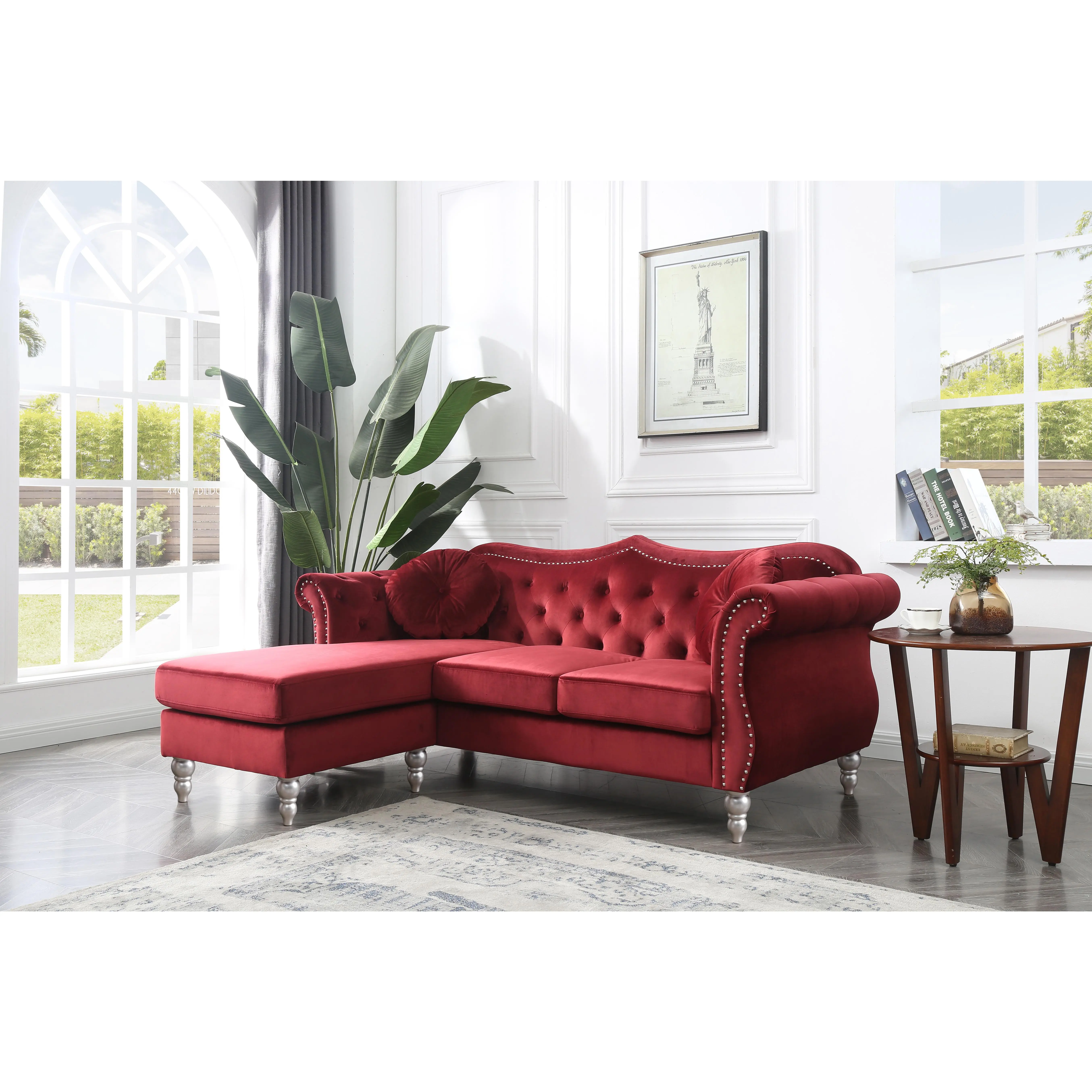 Nokaa Velvet Sofa Chaise Lounge for Living Room, Burgundy 3-Seat Couch with Chaise, Tufted Back & Nailhead Trim, Modern Combo Sofa for Apartment or Home Theater, Multiple Options