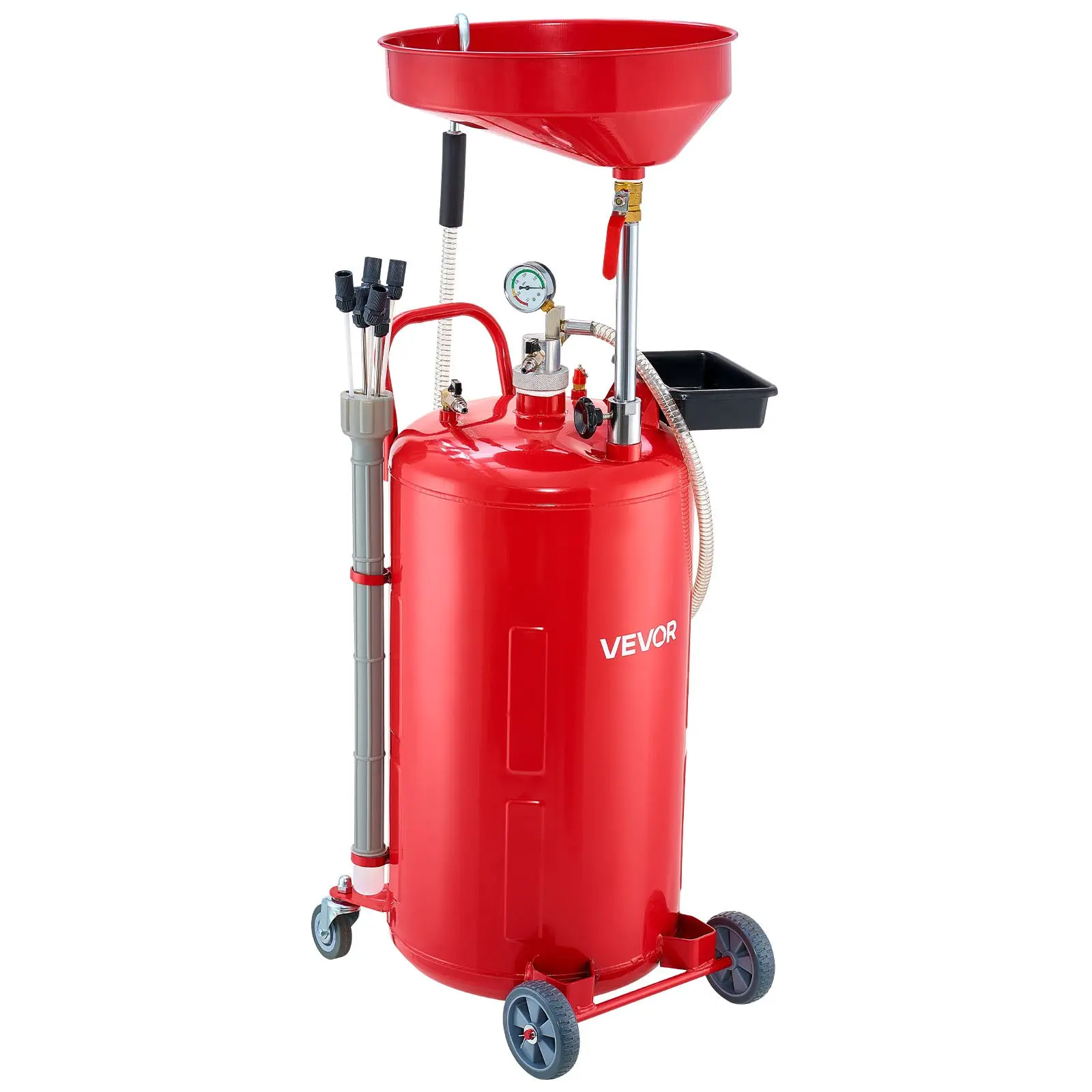 VEVOR 21 Gallon Waste Oil Drain Tank, Air Operated Portable Oil Drainer with Adjustable Funnel Height, Industrial Fluid Drain Tank with Wheels, Fluid Fuel Transfer Drainage for Auto Repair Shops, Red