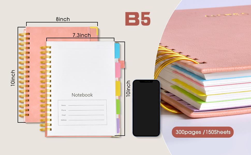 Hardcover Spiral Notebook Journal with Removable Dividers Tabs, 300 Pages Leather 5 Subject Notebook College Ruled, 8"x10" Large B5 Notebooks for Work School Note taking, Lined Journal for Women, Pink