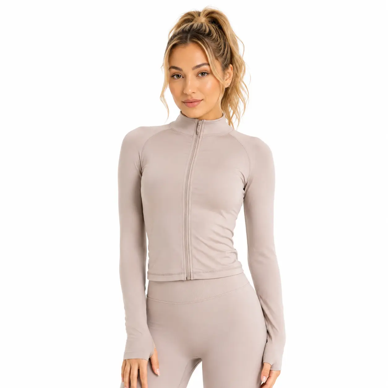 DFYNE Women Full Zip Cropped Workout Jacket, Ultra Soft Matte Nylon Slim Fit Long Sleeve Yoga Top with Thumb Holes, High Stretch Breathable Gym Fitness Activewear Coat