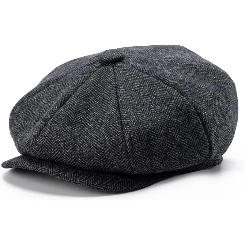 Men's 8 Panel Wool Blend Newsboy Flat Cap Herringbone Tweed Hat
